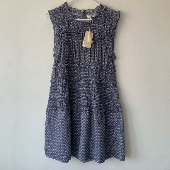 NWT Doen Tracie Cotton Smocked Ruffle Sleeve A Line Mini Dress Dahlia Ikat Blue - Picture 5 of 13